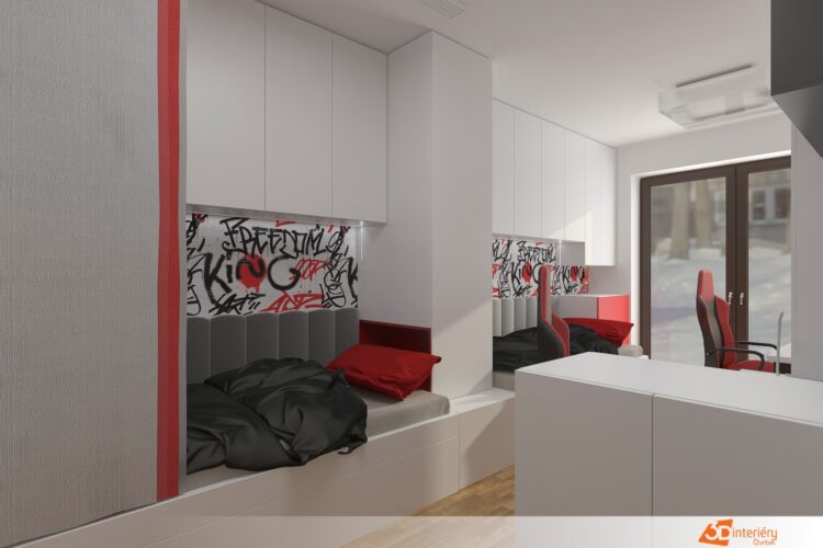 Červený interiér pro vysokoškoláky od architekta – v bytě Praha 4